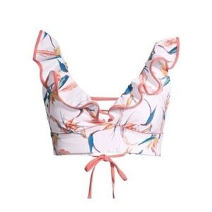 Time and Tru Birds of Paradise Bikini Top‎ White Orange Floral Ruffle Swimsuit L